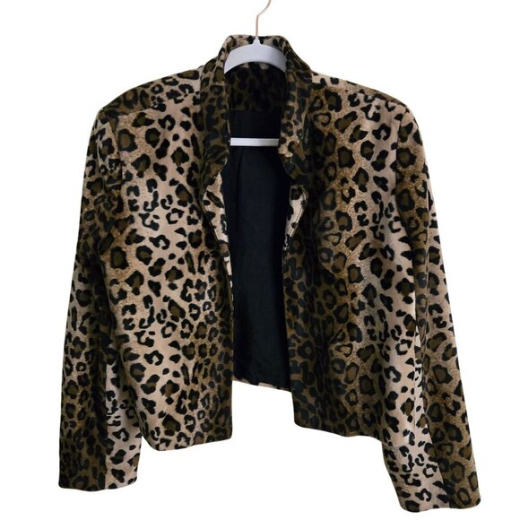 Elliott Lauren Vintage 80's Faux Fur Leopard Open Front Cropped Jacket Size 14 - Picture 1 of 5